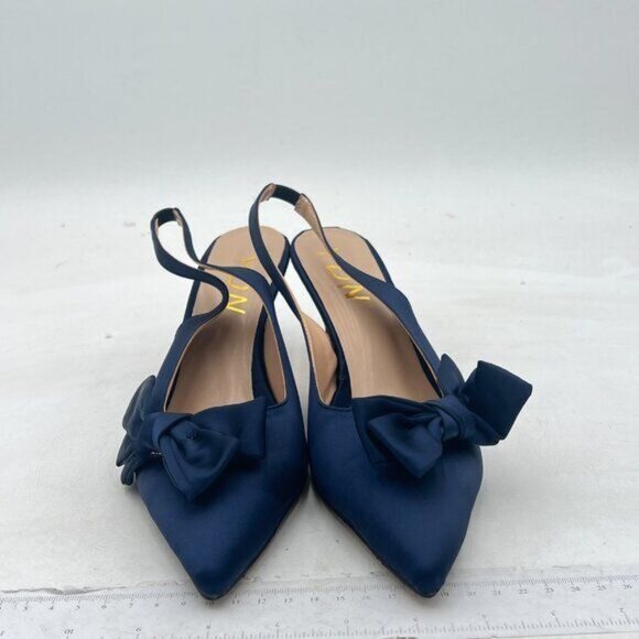 YDN Blue Pointed Toe Bow Slingback Slip on Pump Mid Heels Evening Satin Sandals - Picture 3 of 8